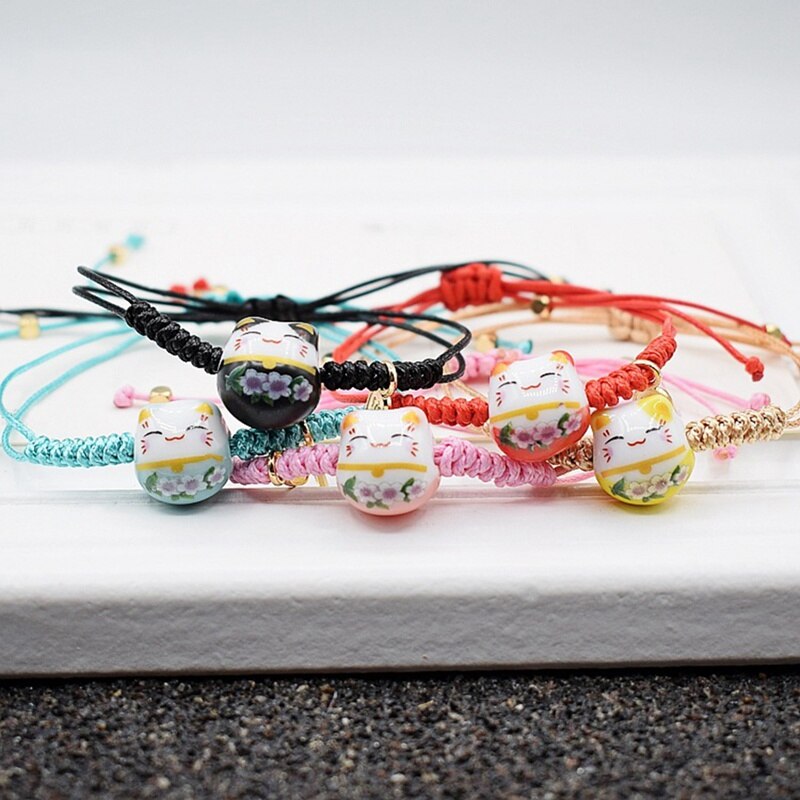 Handgemachte Bunte Seil Glück Katze Einstellbar Armbinde Für Frauen Mädchen Einfache Nette Keramik Armbinde Süße Armreifen