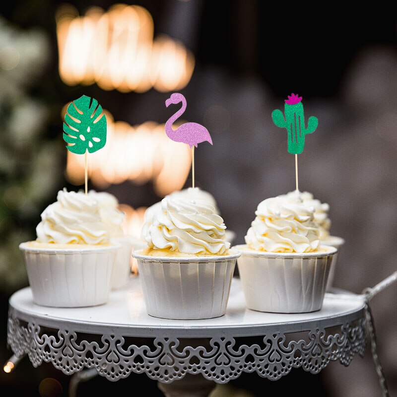 12Pc Summer Hawaii Theme Party Cup Cake Topper Flamingo Palm Leaves Pineapple Wedding Decoration Tropical Birthday Dessert Decor