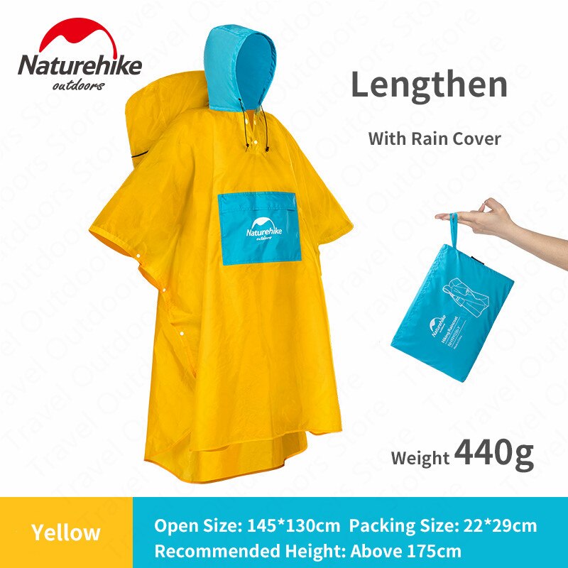 Naturehike Outdoor Hiking Poncho Portable Raincoat Ultraight Rainproof Windproof Climbing Poncho With Backpack Rain Cover: Yellow-L