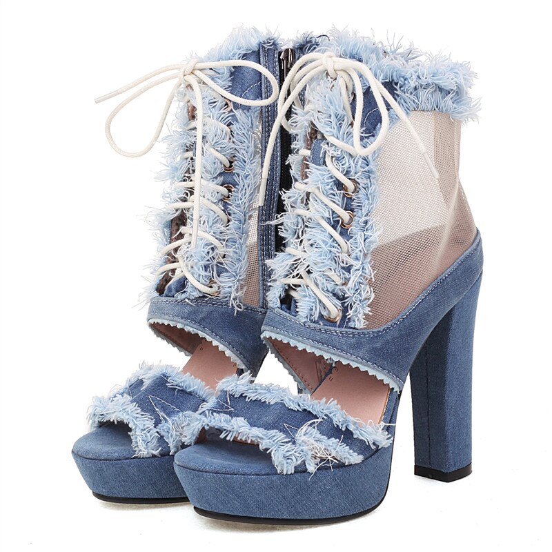 Taglia 34-43 nuovi sandali gladiatore in Denim con cerniera sandali con plateau con tacchi alti spessi scarpe da discoteca per feste estive da donna