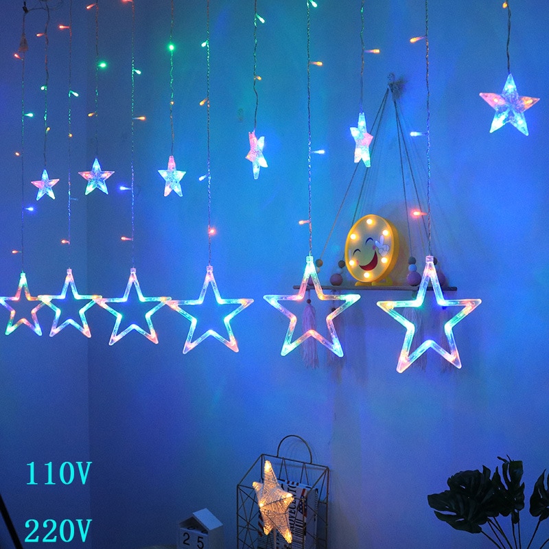 220V EU Plug LED Star Christmas Curtains lights Indoor/Outdoor Garland string fairy Lamp For Wedding Party Decoration