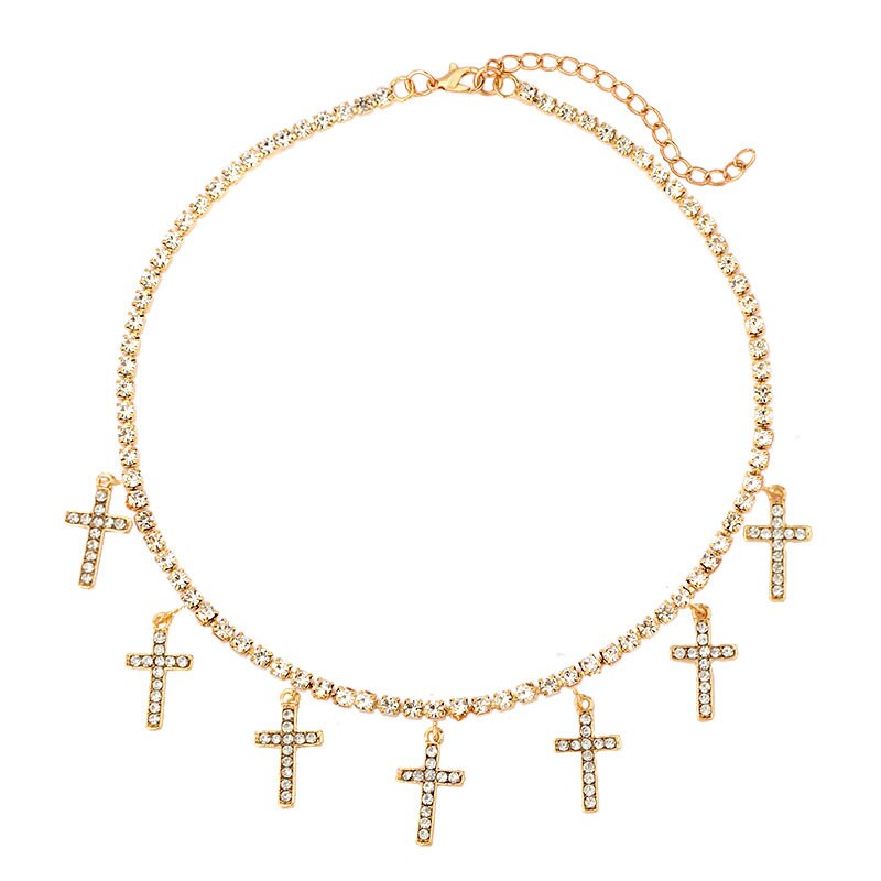 Punk Hip-hop Cross Crystal Choker Necklace for Women Gold Color Shiny Rhinestone Tennis Chain Necklace Jewely: Default Title