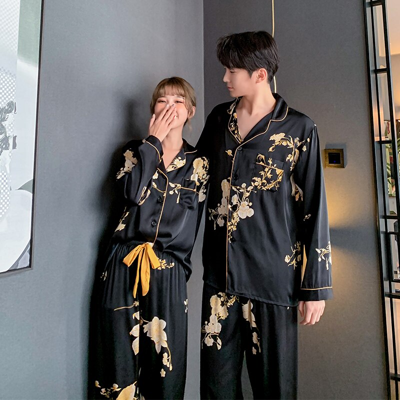#39 pyjamassæt til kvinder i luksusstil sort gyldent blomsterprint nattøj silkelignende par hjemmetøj nattøj til mænd