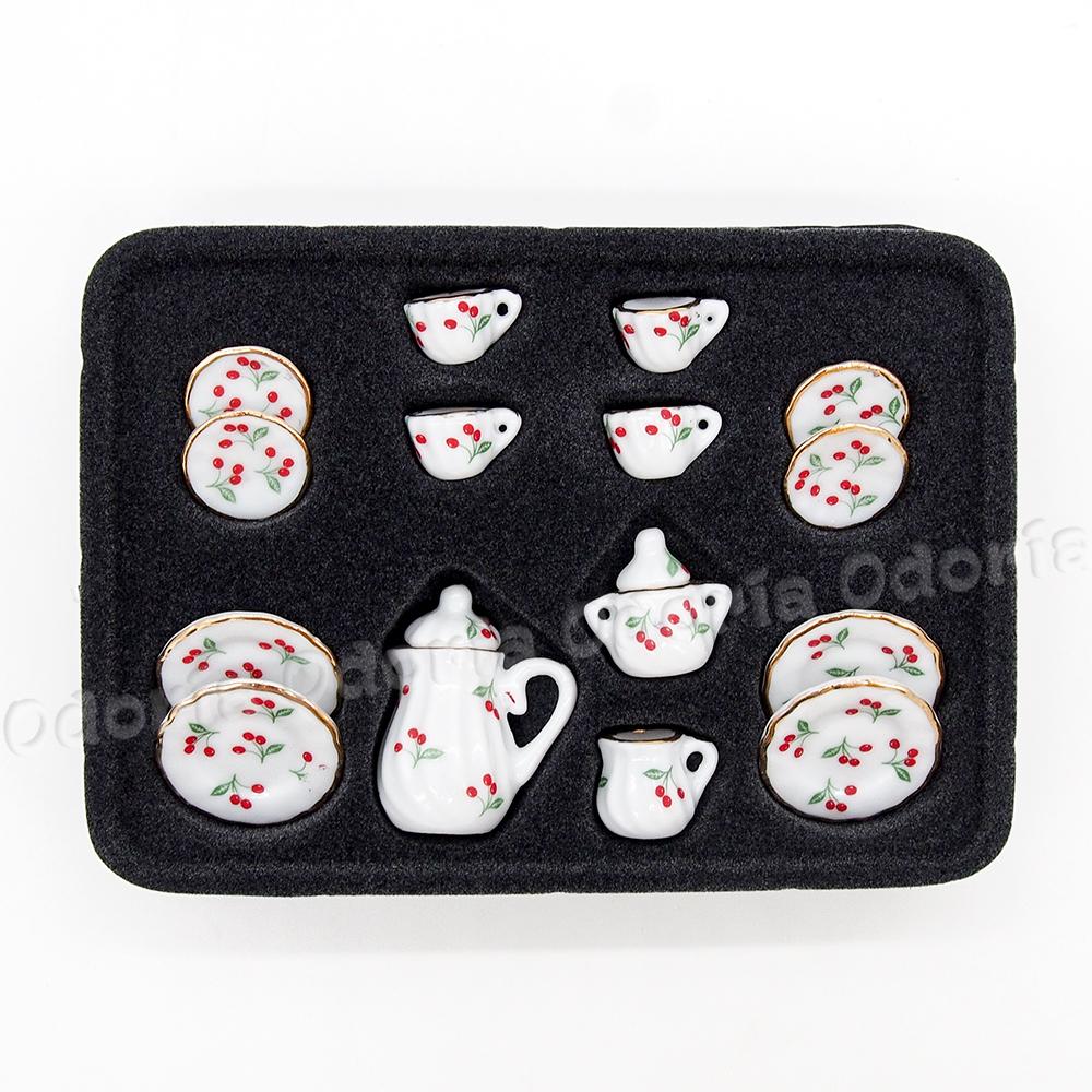 Odoria 1:12 Miniatuur 15 Stuks Tea Cup Set Rode Kersen Met Gouden Trim Porselein Servies Poppenhuis Keuken Accessoires