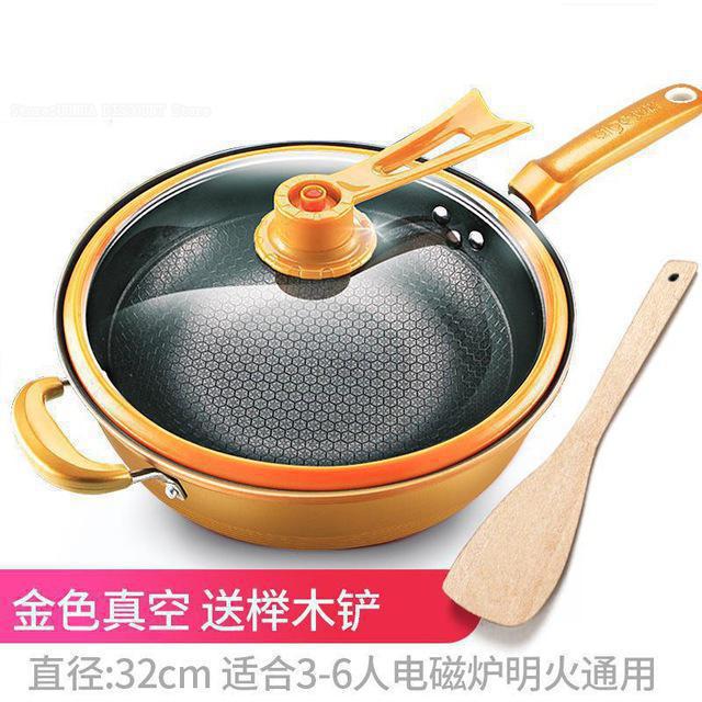 32cm Ijzeren Pot Huishouden Keuken Inductie Fornuis Universele Pan Vacuüm Wok Non Stick Pan Geen Olie Rook Pot Pan met Cover: 4