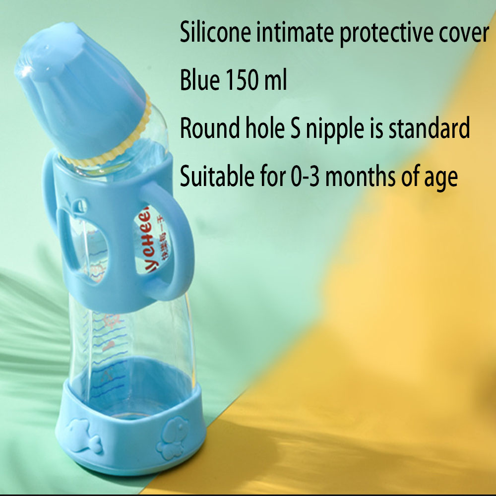 Biberón de borosilicato para bebé, botella de vidrio con etiqueta, pezón de leche para madre y bebé, 150/240ml: blue150ml