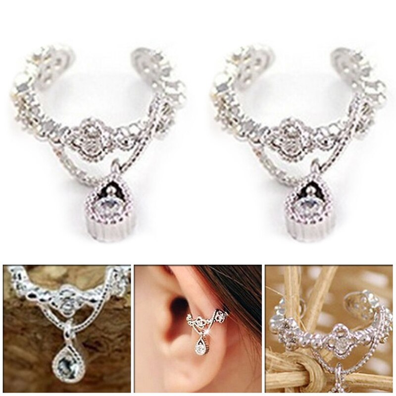 1 Paar Eenvoudige Mode Oor Manchet Wrap Rhinestone Kraakbeen Clip Op Non Piercing Earring