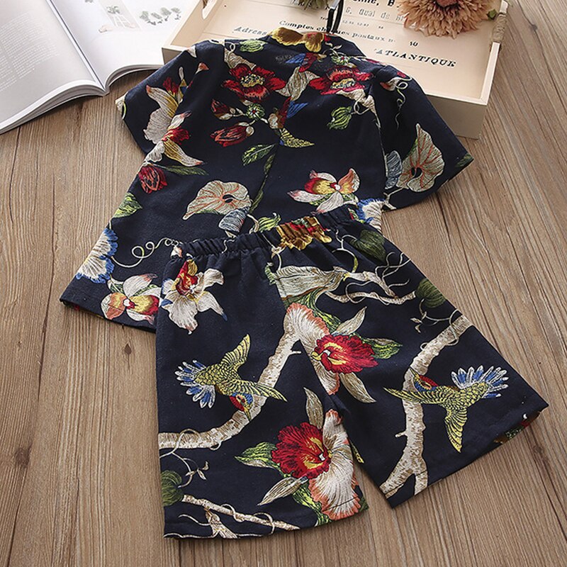 Zomer kinderpyjama's katoen en linnen retro jongens en meisjes pyjamaset japanse stijl bedrukte huiskleding