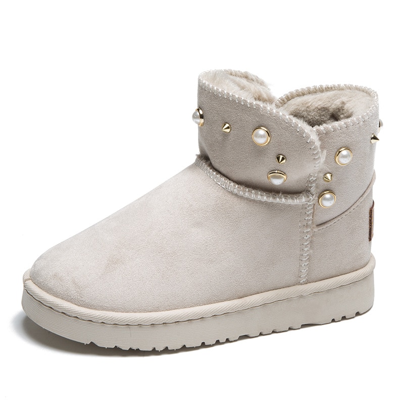 nouvelles femmes bottes perle décoration chaussures d'hiver noir bout rond décontracté grande taille femmes bottes de neige