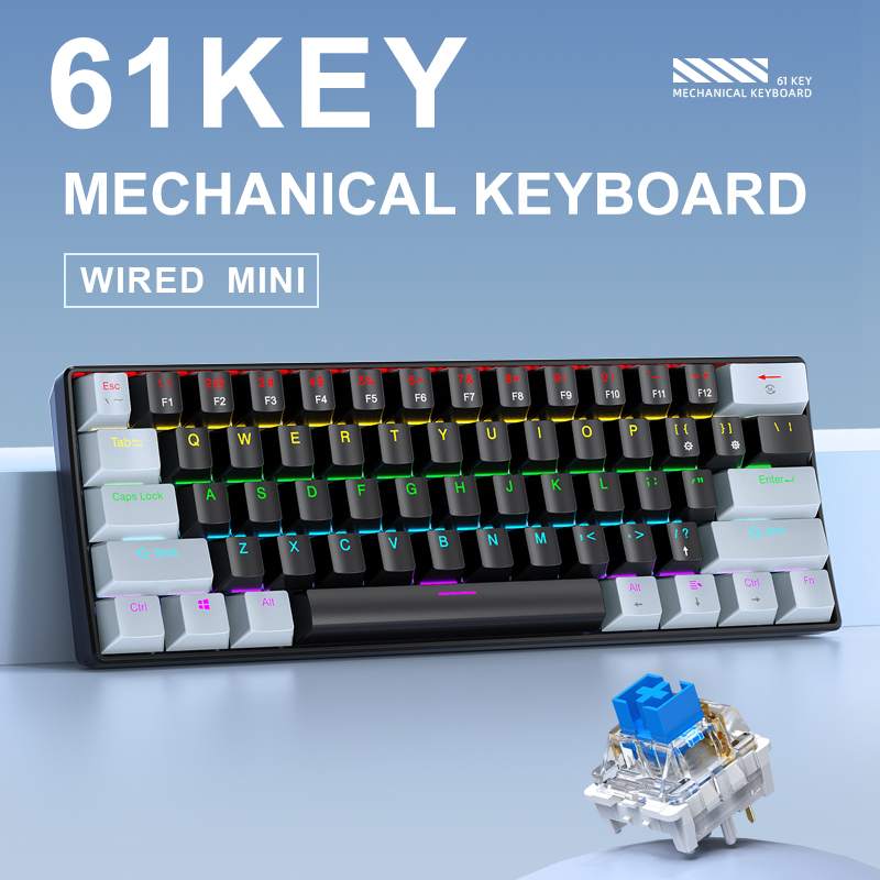 APAYADO K61 mini Klawiatura Gamingowa 60% Przenośna Przewodowa 61-klawiszowa Podświetlenie RGB Czerwony/Niebieski Przełącznik Możliwość Wyboru Kolorów Czarny/Biały/Czerwony