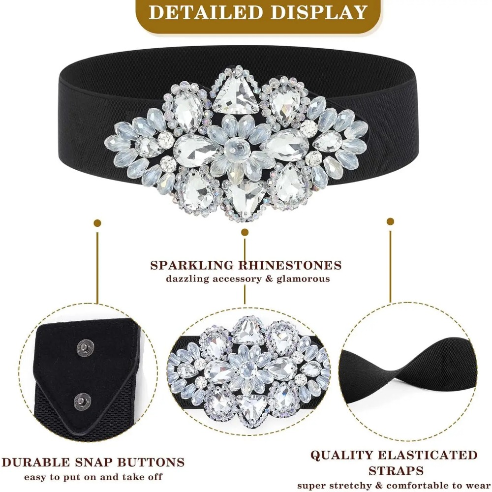 Cintura elastica con strass cintura elasticizzata da donna nera accessori per gioielli in vita con fiori di cristallo larghi per ragazze d'oro per il vestito