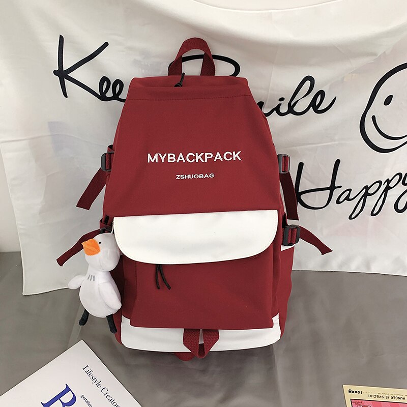 Large Capacity Waterproof Nylon Backpacks Unisex Multi-pocket Travel Bag College Schoolbags for Men and Women Kawaii Backpack: Red / with Pendant