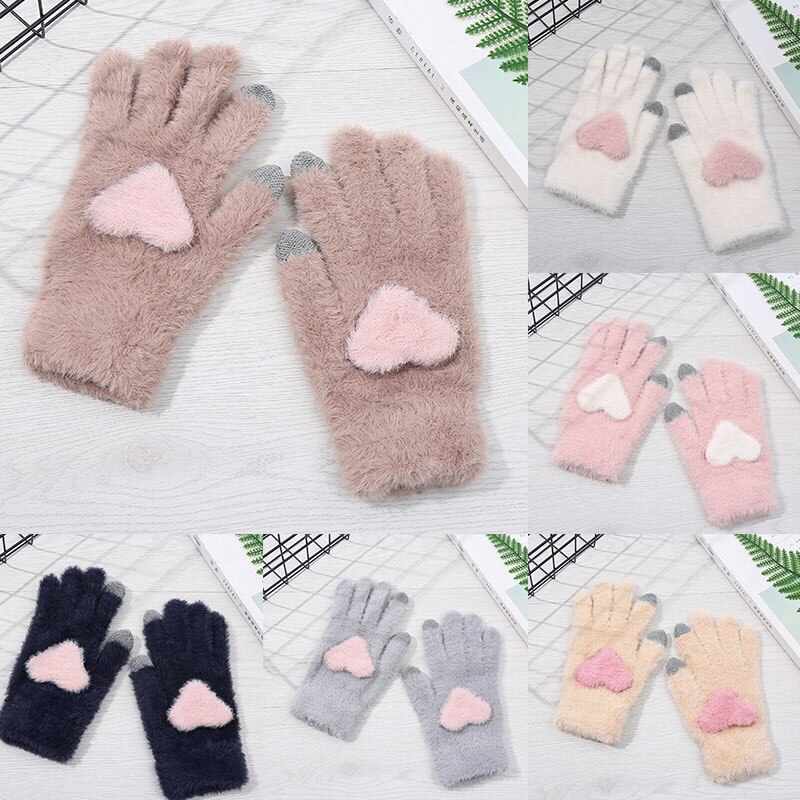 Vrouwen Roze Handschoenen Fluffy Pluche Handschoenen Winter Volledige Finger Handschoenen Liefde Hart Dikke Wanten Meisjes Warm Touchscreen Handschoen