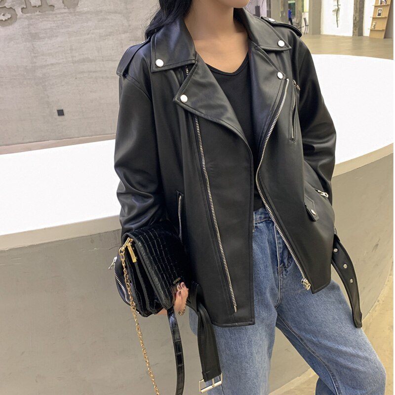 Fitaylor-chaqueta de cuero de imitación para mujer, chaqueta negra con solapa para motocicleta, abrigo Punk Vintage con cremallera, prendas de vestir con cinturón