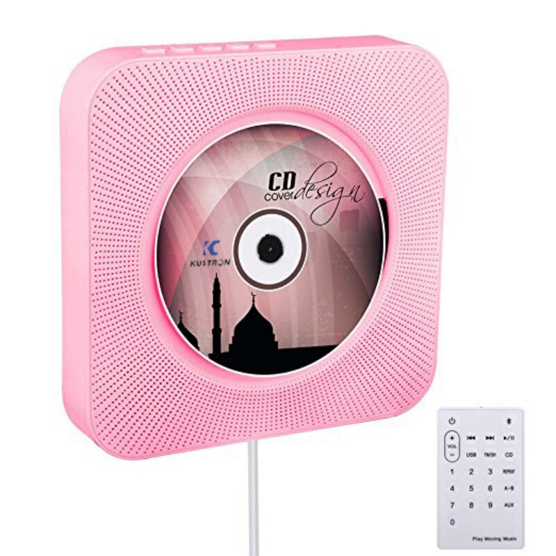 Wall Mountable CD Player Bluetooth HiFi CD Music Player With Remote Control FM Radio USB MP3 3.5MM Headphone Jack: pink USPlug