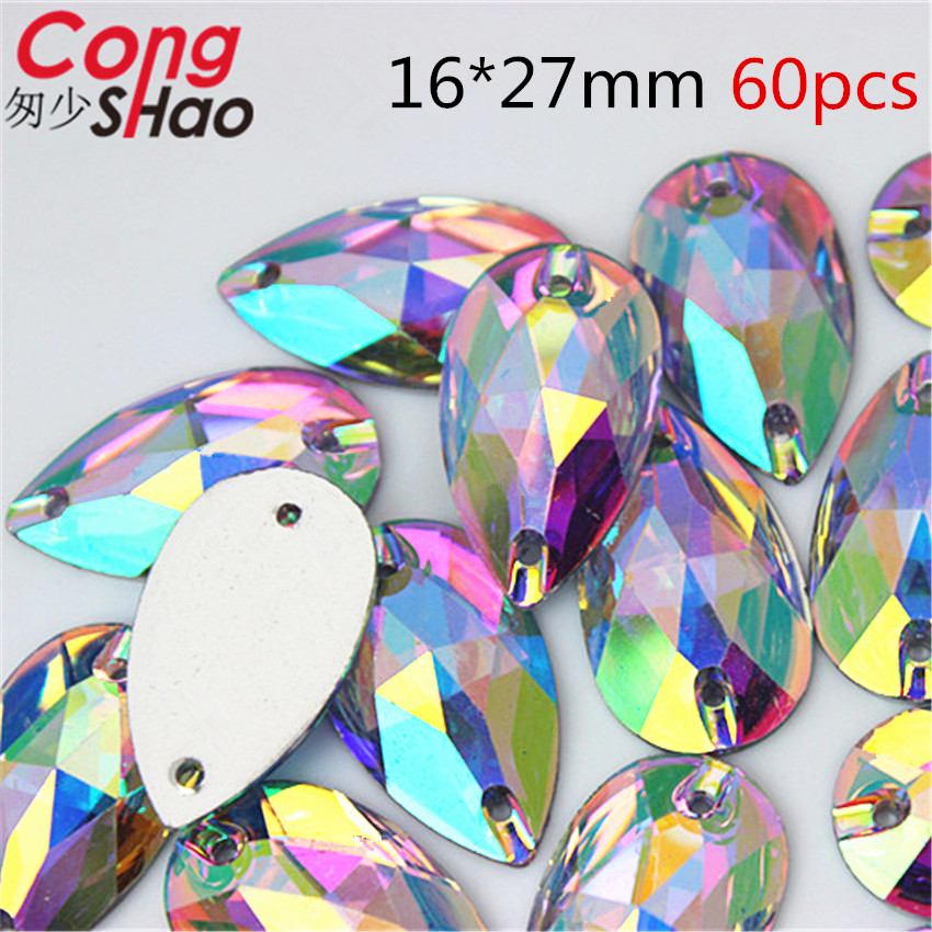 Cong Shao mischen 10 Größe bilden Kristalle AB Strass trimmen Flache Zurück näHenne 2 See Steine Harz Perlen Für DIY hochzeit Kleid YB668: 16x27mm 60Stck