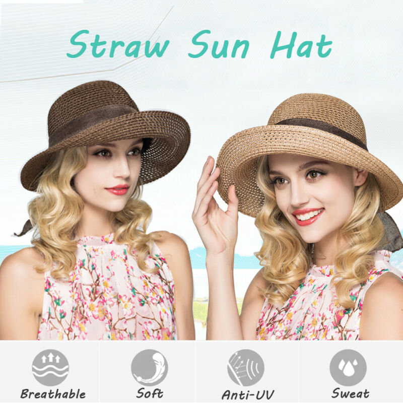 Vrouwen Dames Casaul Boho Floppy Zomer Brede Rand Lint Lace Up Strooien Hoed Strand Zon Opvouwbare Cap