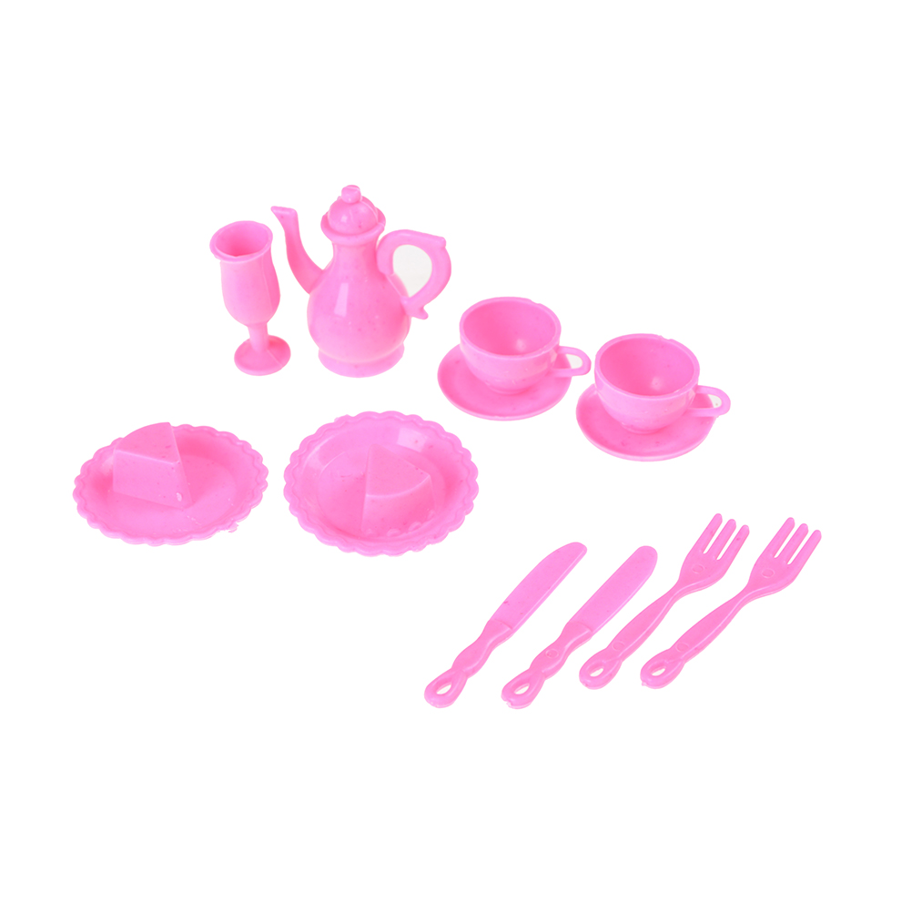 12 Pcs/setcutePlastic poppenhuis keuken tablewares roze kleur Mini Servies Mes Gerechten Voor Poppenhuis Meubels Decor