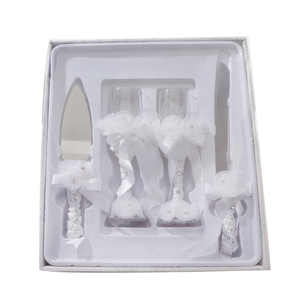 4 Pcs Wedding Supplies Cake Knife Pie Server Set and Champagne Glasses Engagement Anniversary Party Bride and Groom Show Decor