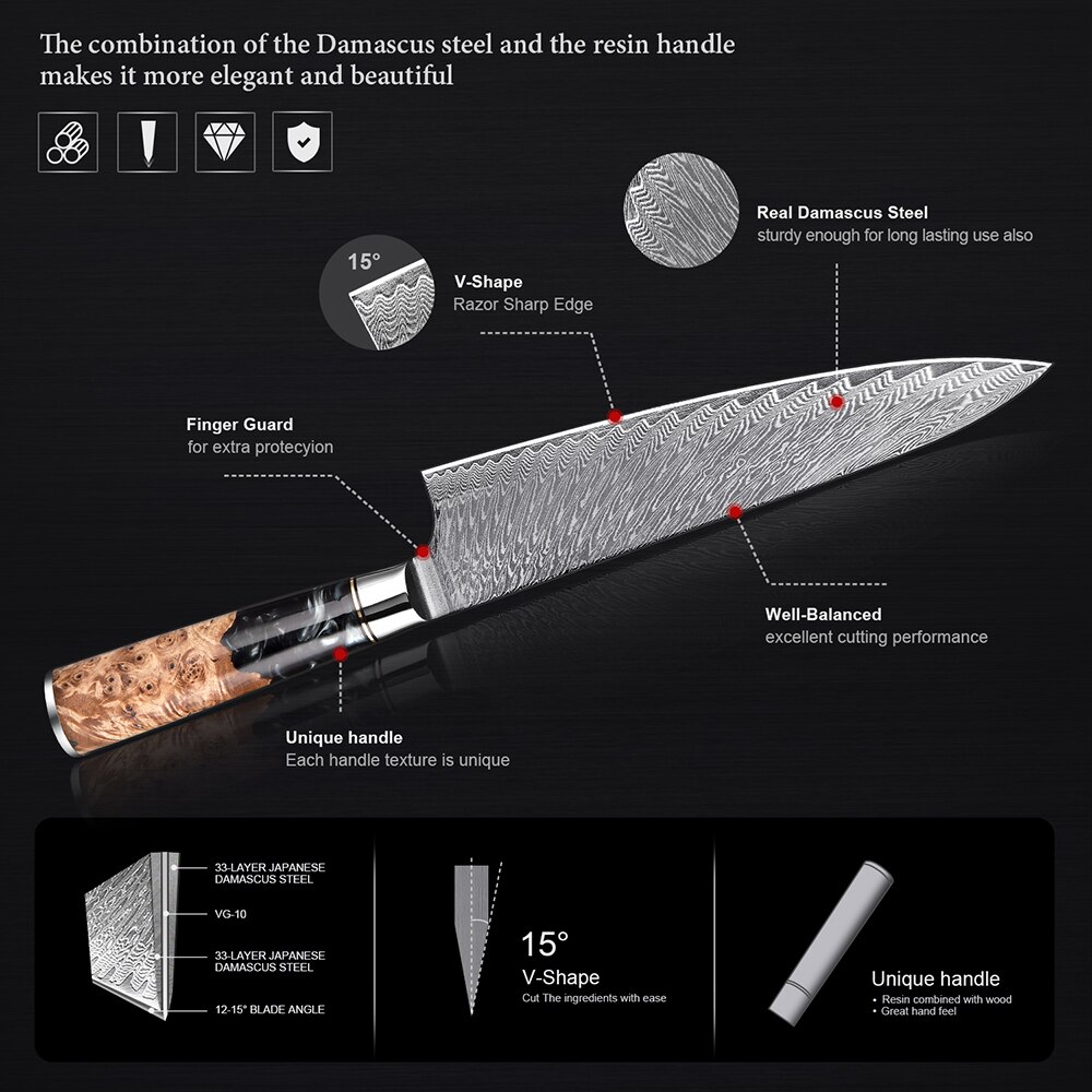 XITUO – ensemble de couteaux de cuisine en acier damas, couteau de chef japonais, couperet à pain utilitaire en résine et manche en bois stabilisé