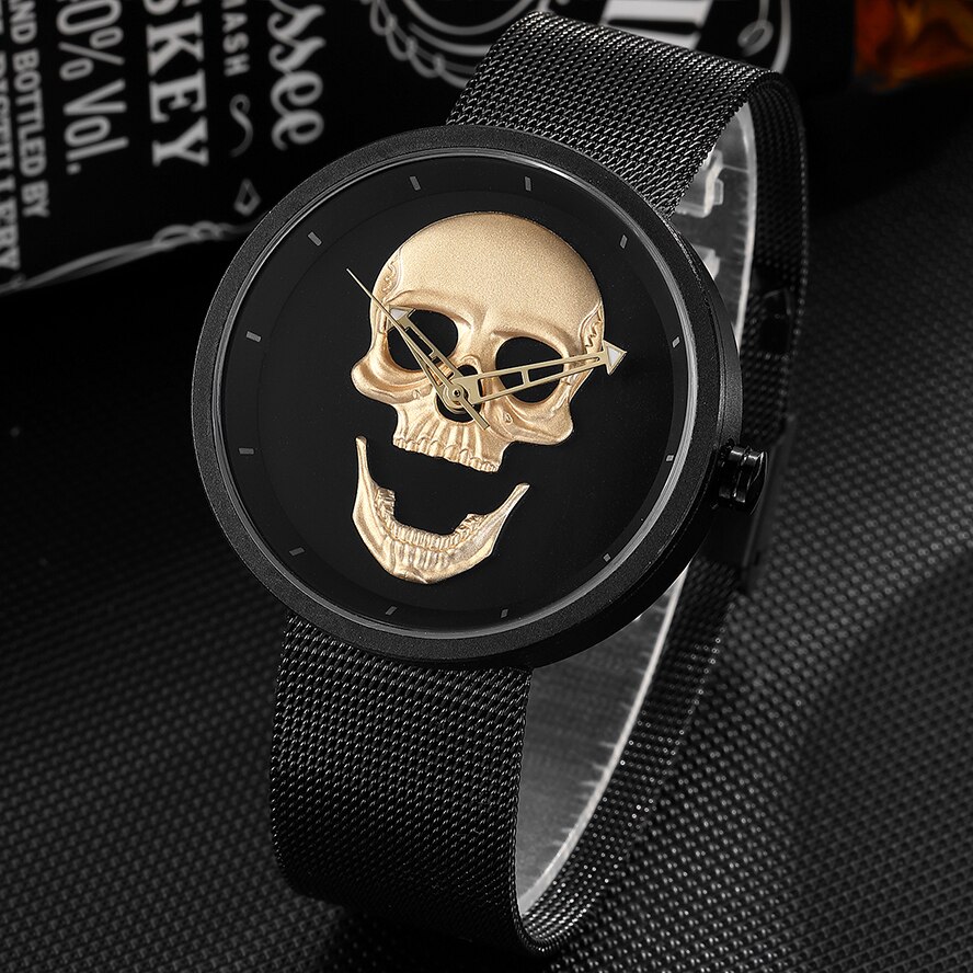Black Gold Dial Quartz Watch Men 3D Skull Head Pattern Stainless Steel Steampunk Rock Engraved Cool Mexico Man Male reloj hombre: COOL SKULL WATCH