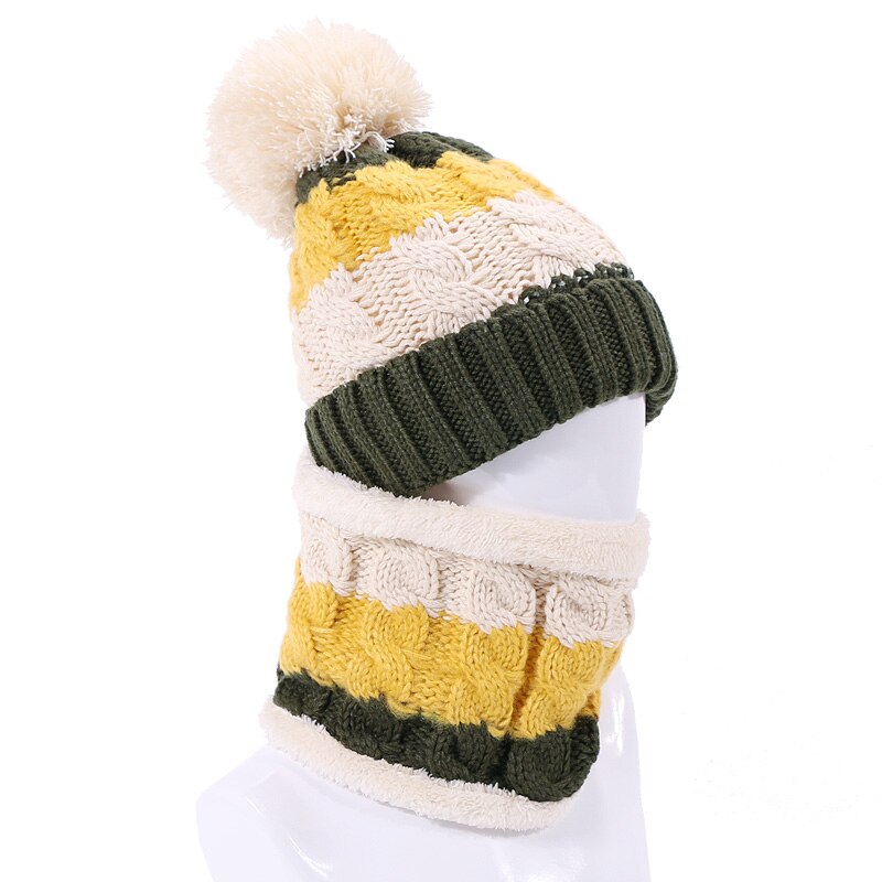 Vinter pompon hat og tørklæde sæt til kvinder strikket tykke varme piger motorhjelm hatte med foring kvindelig hals ring tørklæde 2 stykke sæt: F