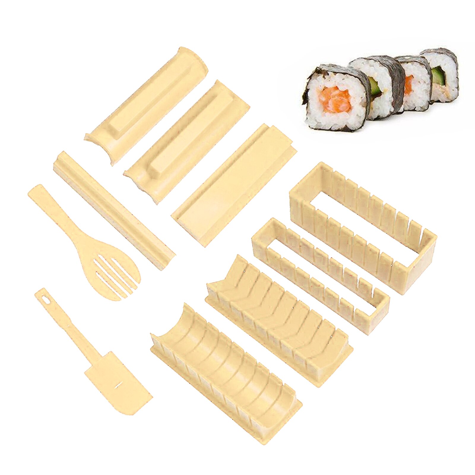 10pcs Sushi Making Kit with Sushi Mold Plastic Japanese Sushi Cooking Tools Kitchen Cooking Tools for Beginners Kids: Beige