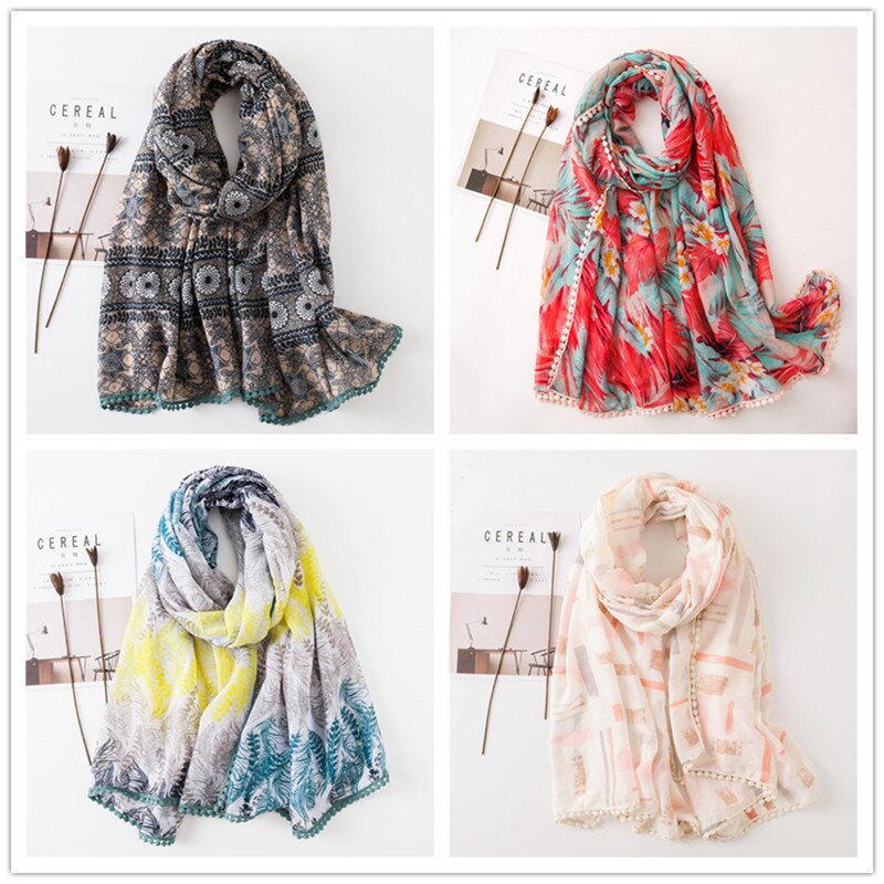 Sparsil-foulard en coton et lin femme | Longue écharpe, imprimé floral, court gland doux, enveloppes d'été, Protection solaire, échalotes de plage