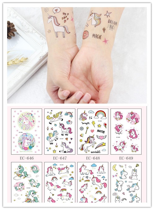 5 Pcs Kinderen Tijdelijke Tattoos Stickers Eenhoorn Body Art Mouw Tattoo Decals Waterdichte Tattoos Feestartikelen Cartoon Hoed