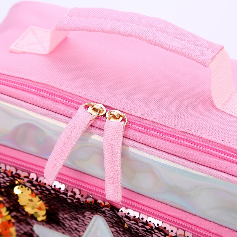 Pailletten Tragbare Zipper Isolierte Lunch Box Kinder Glitter Tote Tasche Gedruckt Polyester Mädchen Essen Picknick Taschen für Kinder Handtasche