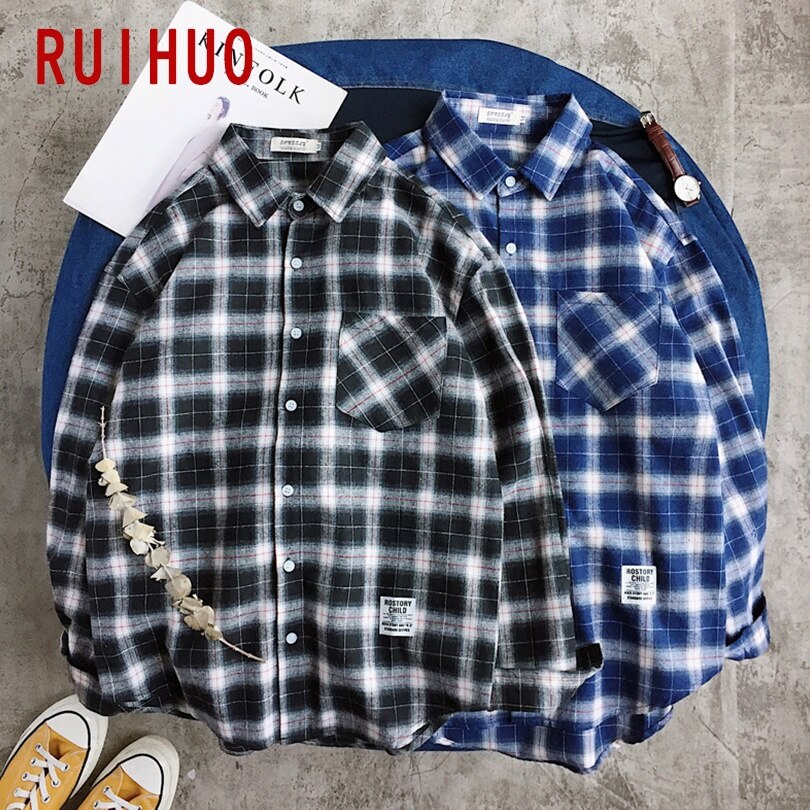 RUIHUO Plaid Shirts For Men Clothing Streetwear Men Shirt Black Long Sleeve Plaid Shirt Men Korean Clothes M-2XL