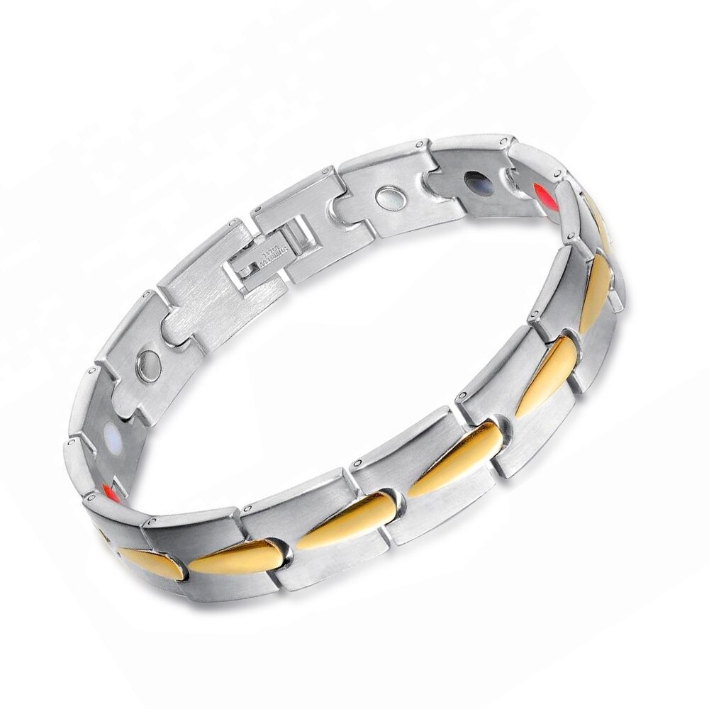 FINE4U B580 Magnetische Roestvrij Staal Mens Gold Zwart Power Element Armband Met Magneten: Gold Steel