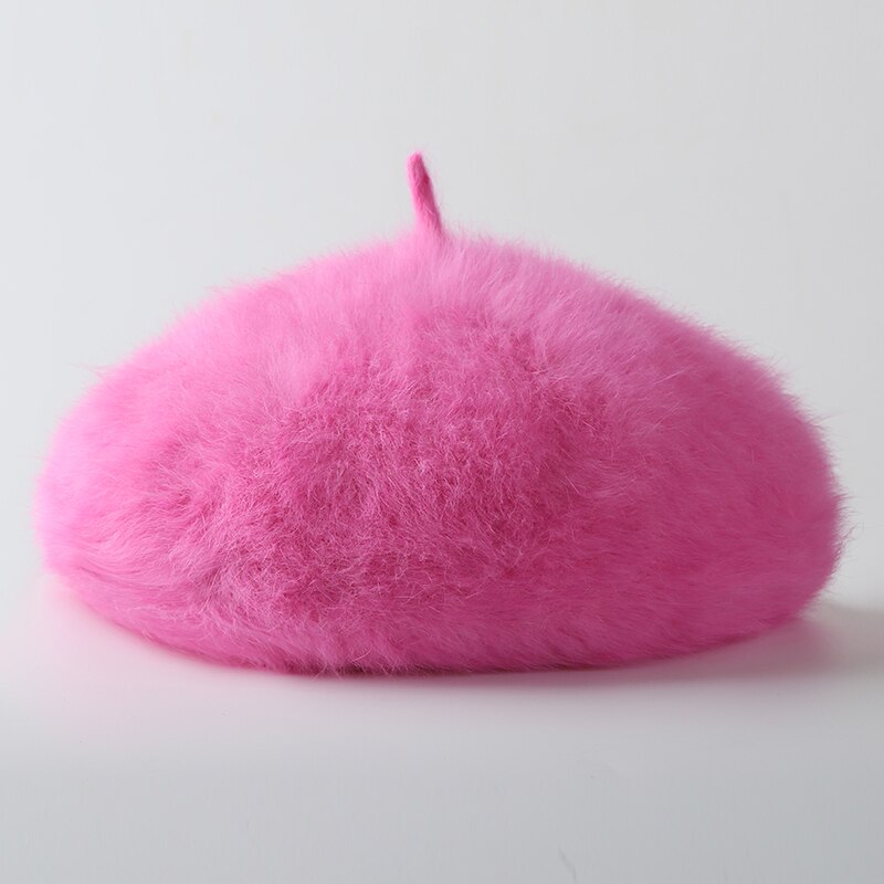Høst vinter kanin pels beret lue for kvinner jenter solid varm baret fransk lue utendørs reise beret maler lue dame cap: Rosenrød