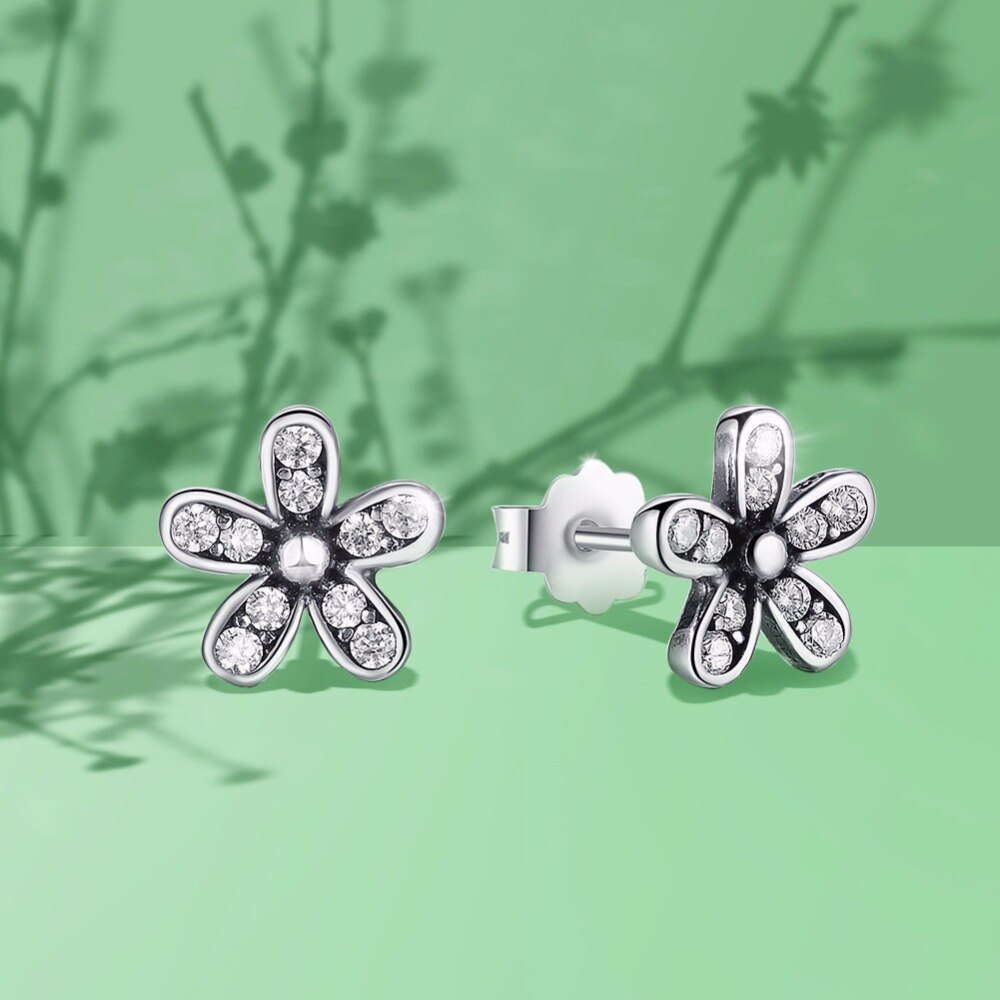 BAMOER Authentic 925 Sterling Silver Dazzling Daisy Stud Earrings With Clear CZ Jewelry ANNIVERSARY PAS403