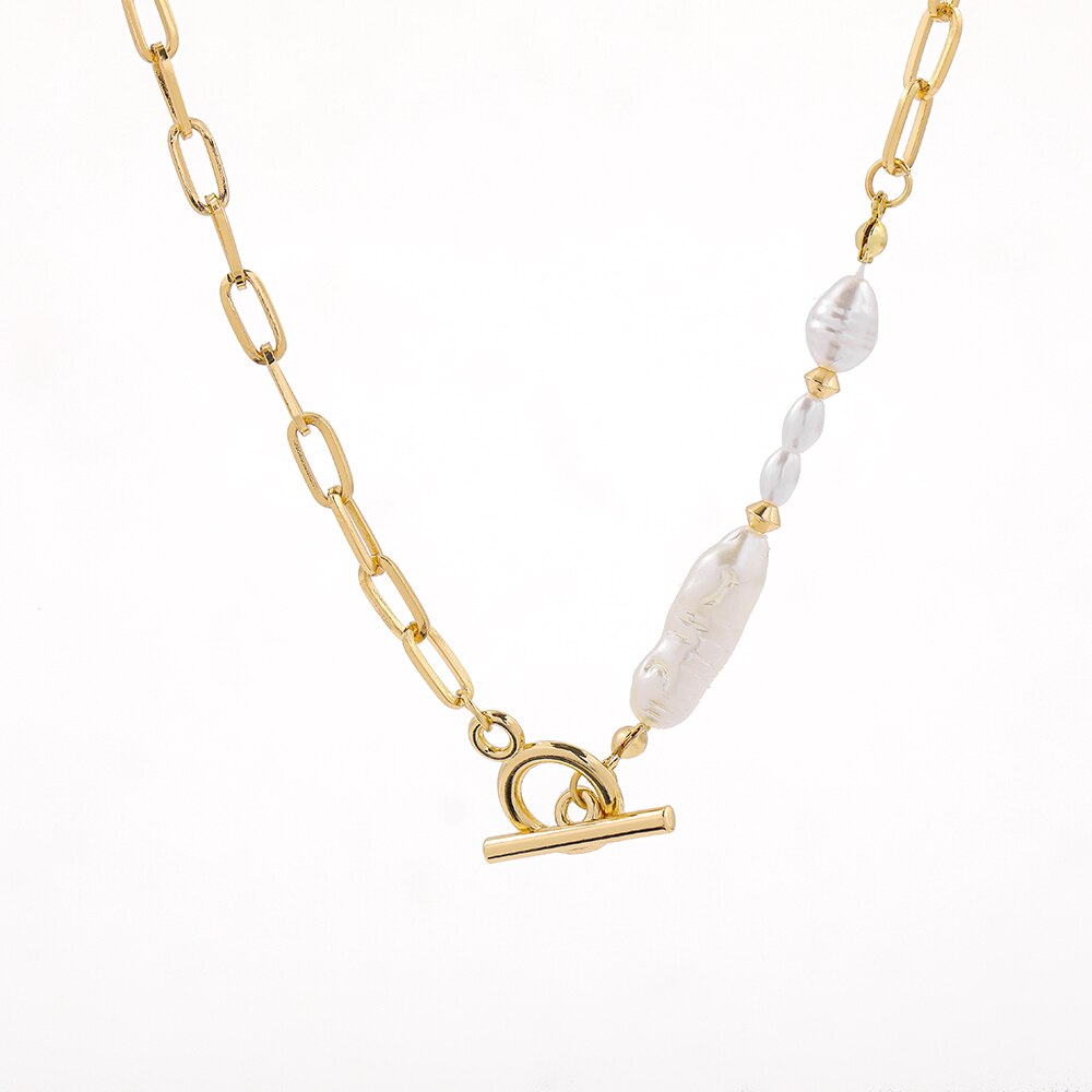 Minimalist Irregular Natural Pearls Toggle Clasp Necklaces for Women Gold Mixed Linked Circle Choker Necklace Female Jewelry