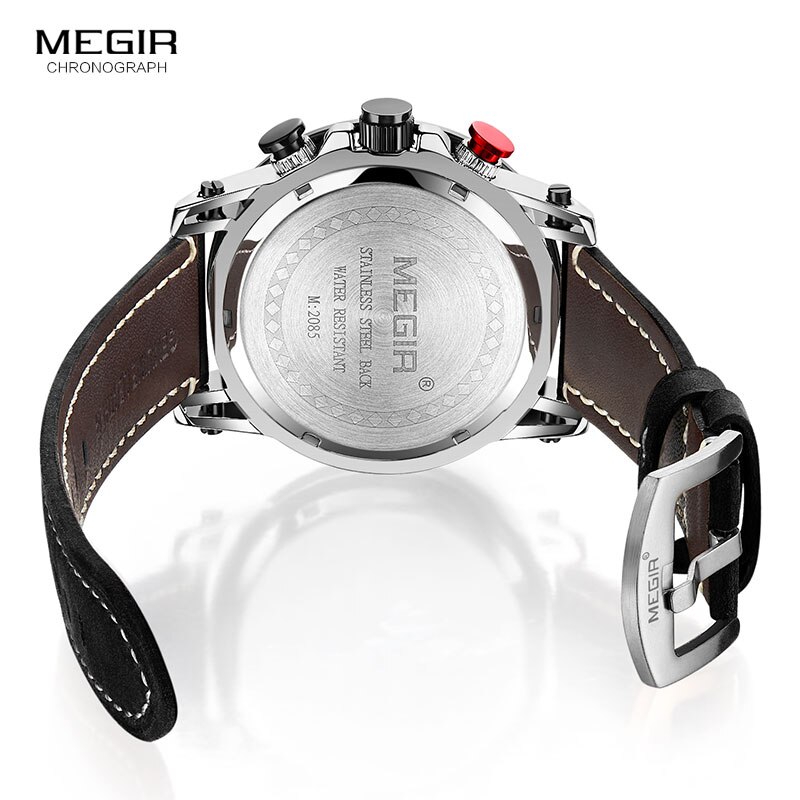 Megir Mannen 24 Uur Quartz Horloges Lederen Band Chronograaf 3atm Waterdicht Army Horloge Man Relogios Masculino 2085 Zwart