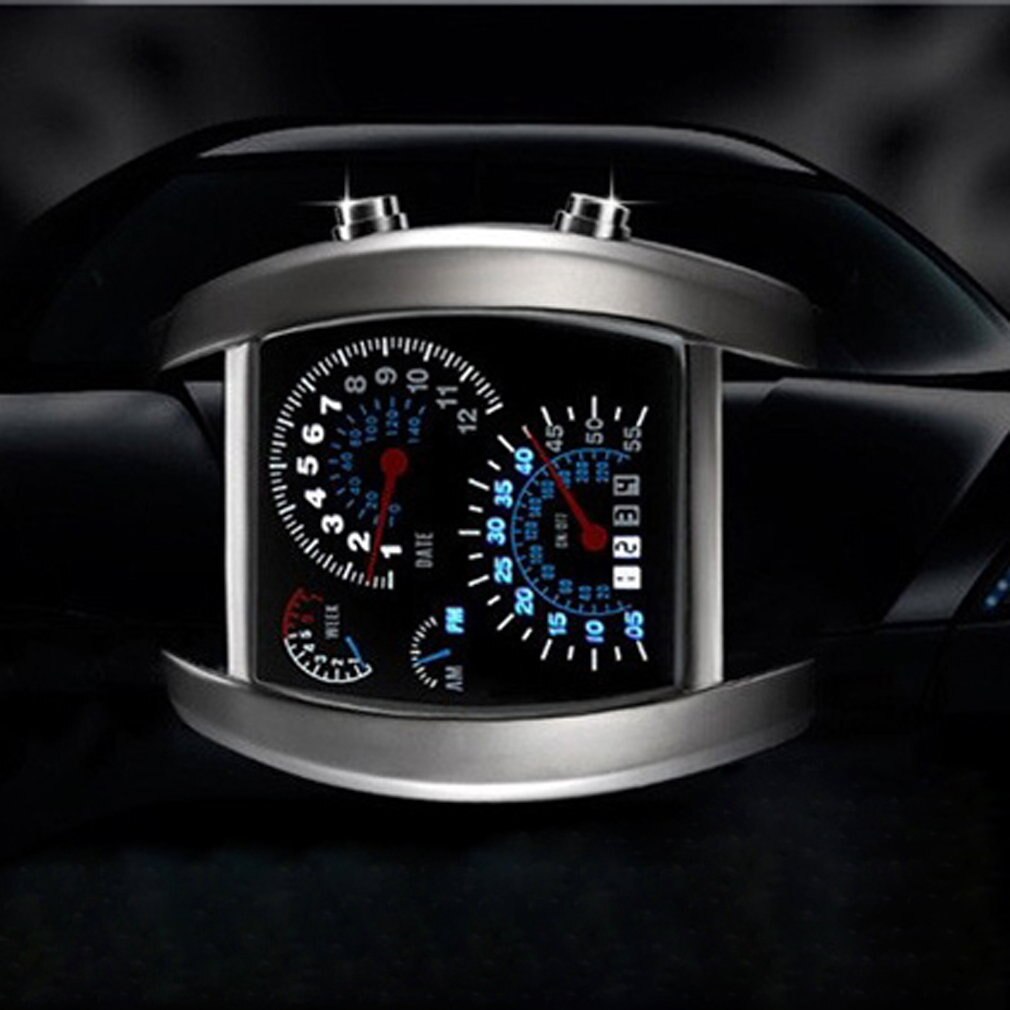 Unisex Car Speed Meter Dial LED Wrist Watch Flash LED Sports RPM Blue & White Men WatchNice