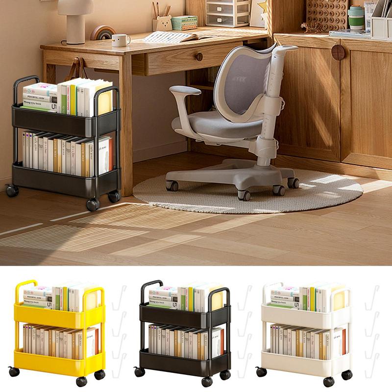 Estante de pie, organizador de libros de 2 niveles, estantería móvil multifuncional, carrito, estante de almacenamiento de aperitivos, carrito de estantería portátil