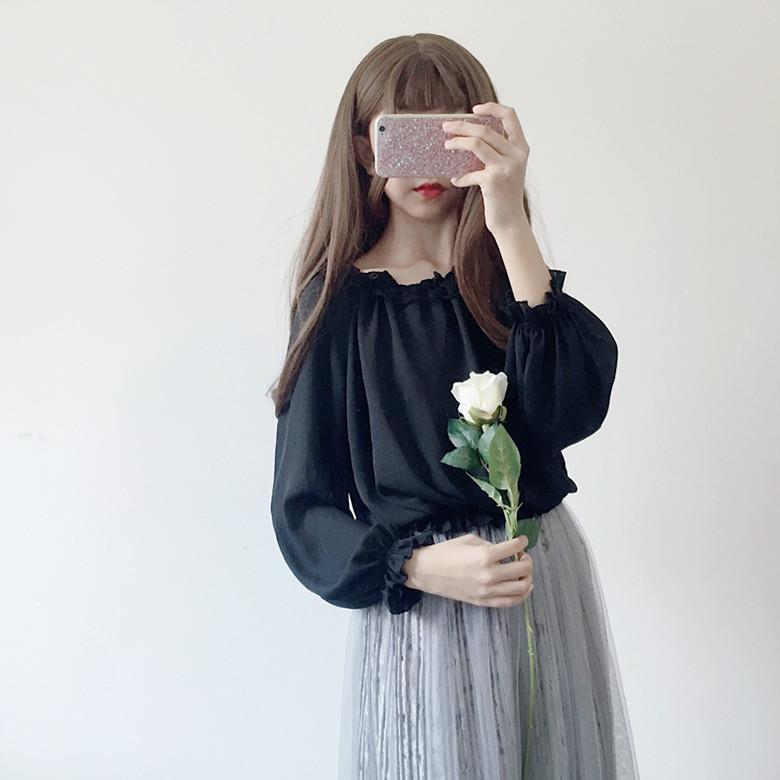 Vrouwen Blouse Chiffon Overhemd Lange Mouw Vrouwen Bisschop Mouwen Top Vrouwen Losse Kant Overhemd Fee Blusas Ropa De mujer: Black / XL