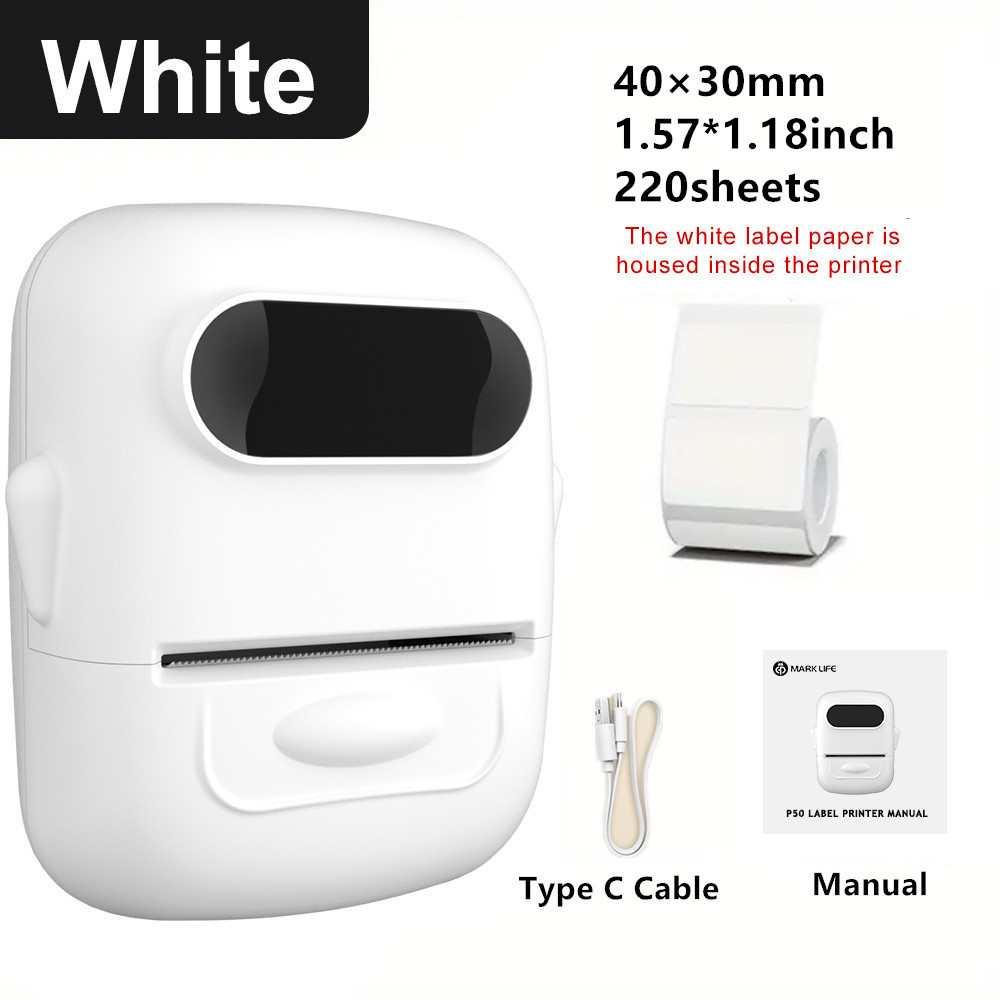 Draadloze labelprinter P50 Inktloze Bluetooth Thermische Label Maker Zelfklevende Label Sticker Machine DIY Patroon Barcode QR Code Tape: WHITE