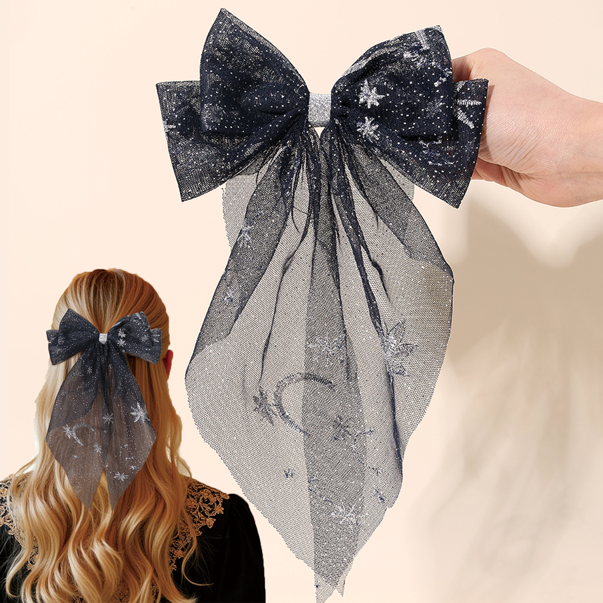 Presilha de cabelo com laço de tule para mulheres, noite estrelada sonhadora, serpentinas longas, estampa de lua, presilhas para festa de meninas, acessórios diários