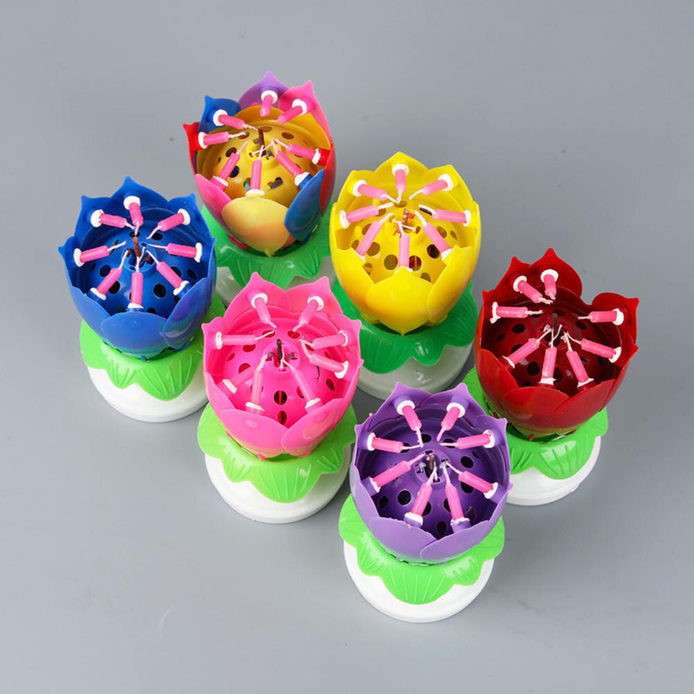 Magic Cake Birthday Lotus Flower Candle Blossom Musical Rotating Decoration Double Lotus Candles Plastic And Wax