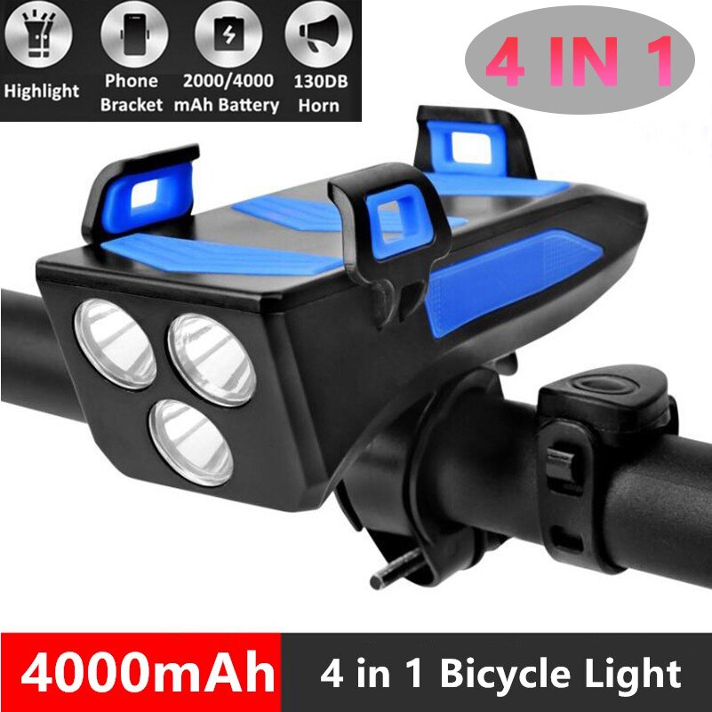 Multi-funktion USB Aufladbare Fahrrad Licht Kopf Lampe Telefon Halfter mit Fahrrad Horn Glocke 4in1 4000mAh MTB Radfahren Vorderseite Licht