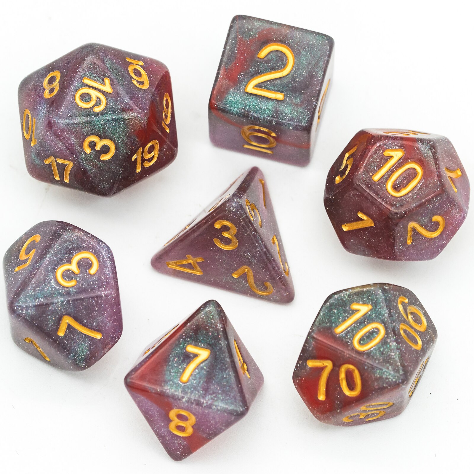 7 stk/sæt sparkle galaxy dnd terninger d&d terninger  d4 d6 d8 d10 d% d12 d20 polyedriske spil terninger sæt til bordspil mtg rpg: Cyan rødt guld