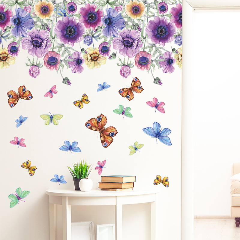 Purple Daisy Flower Butterfly Wall Stickers Bedroom Living Room Dining Room Home Wall Decor Wallpaper Purple Flower Wall Sticker