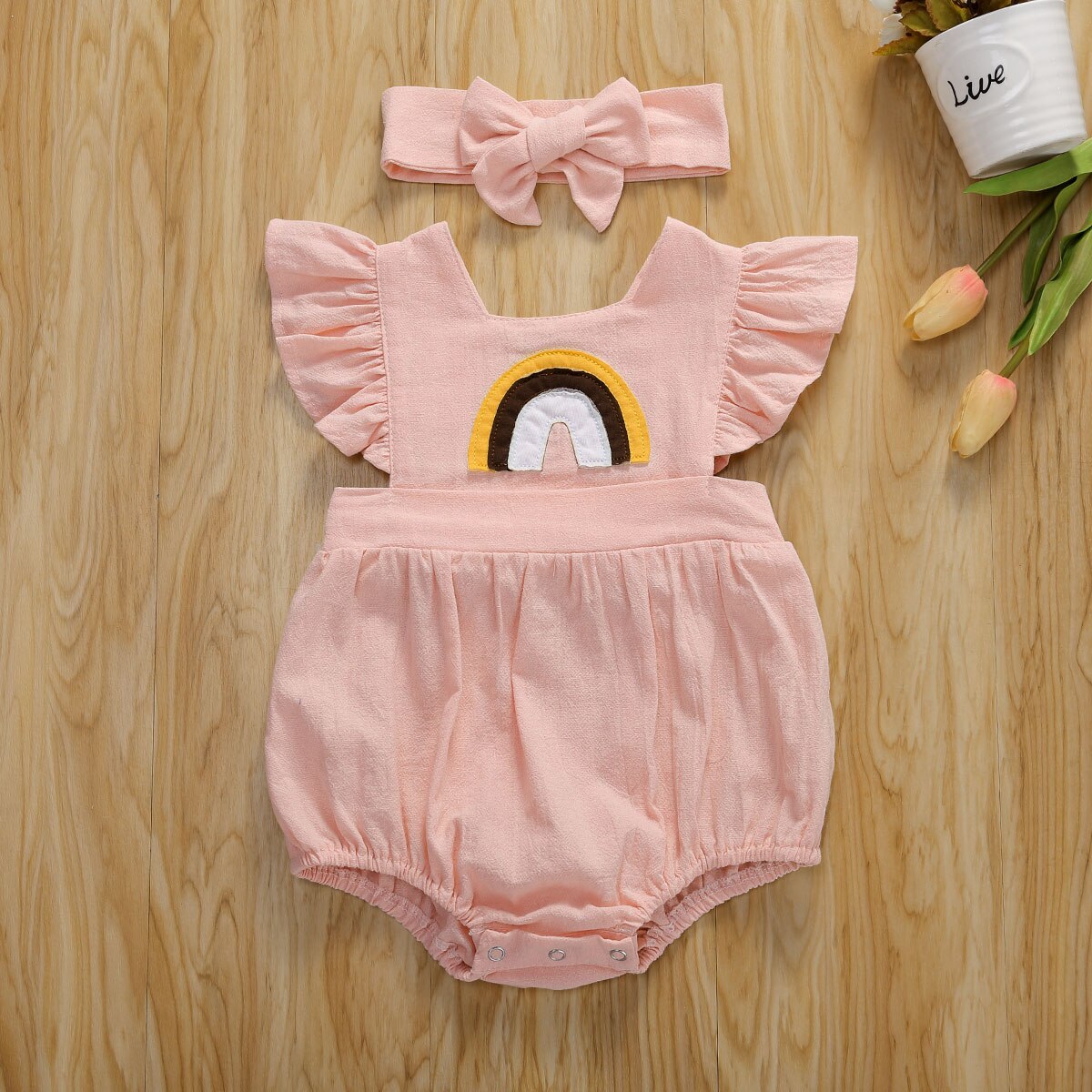 Body imprimé arc-en-ciel pour bébés filles | Tenue pour bébés filles 0-24m, manches courtes, solide, combinaisons à volants 3 couleurs