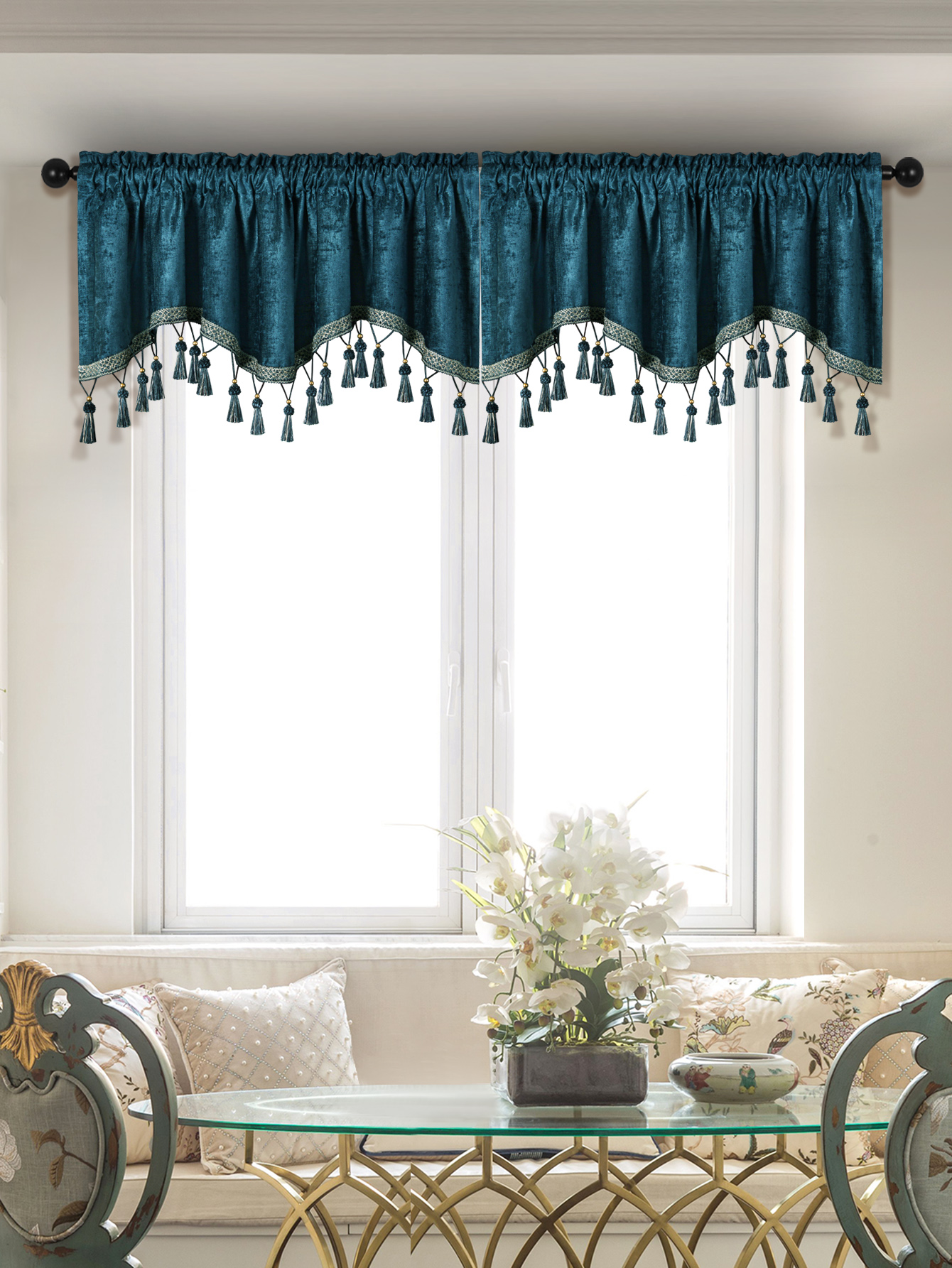 1Pc Eenvoudige Europese Stijl Gordijn Valance Voor Woonkamer, Staaf Zak, S-Vormige Valance Met Kwastjes Voor Raam Decor