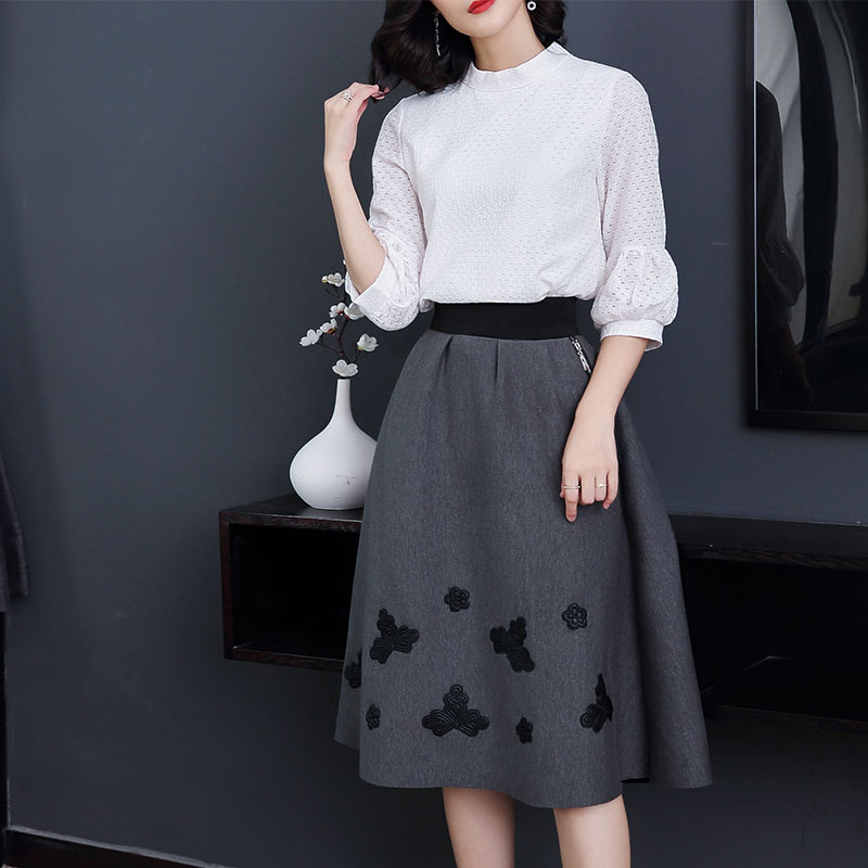Vintage bordado Retro falda traje primavera otoño blusas blancas y cremalleras elegantes faldas ropa conjunto CC096