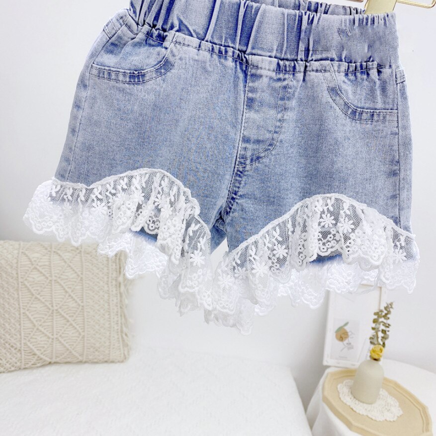 Söta tjejer spets jeans korta barnshorts för sommaren baby barn jeansshorts byxor resor strand korta kläder