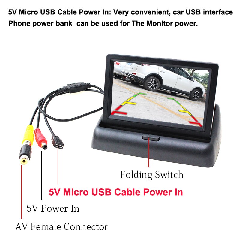 USB Auto Monitor 4.3 Inch Opvouwbare Auto Parking Reverse Rear view Monitor 5 V Power Door Micro USB Charger datakabel